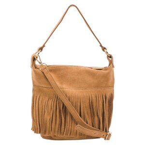 MARLON Made In Italy Suede Hobo Bucket Bag With Fringe Trim